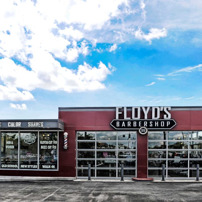 Floyd's Barbershop exterior of red building