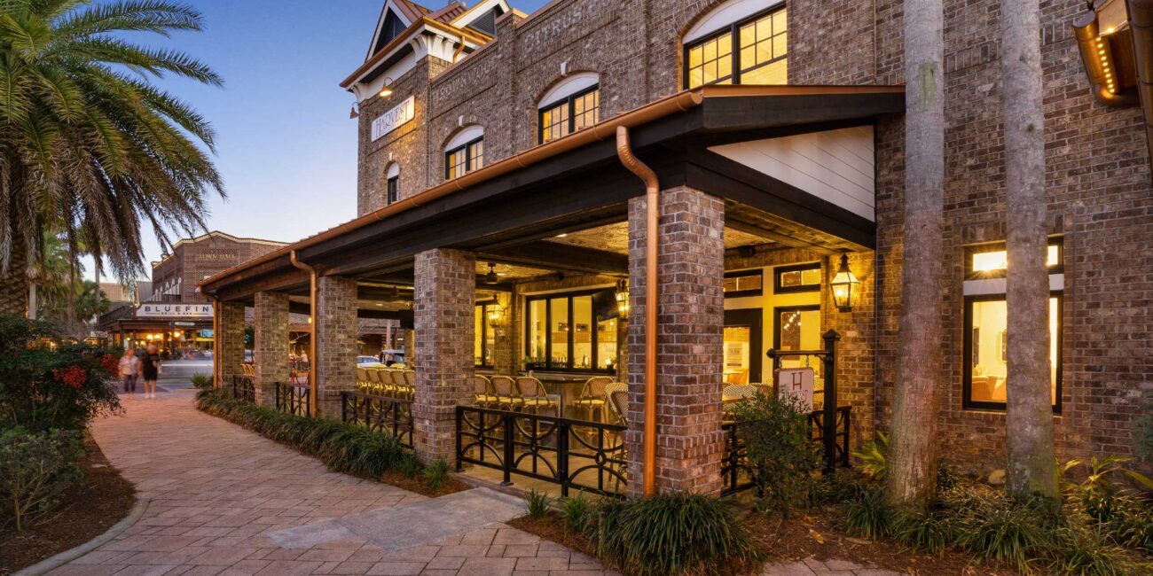 Harvest Restaurant brick exterior with patio seating