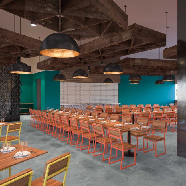 Kavas Restaurant interior with long extended wooden tables and chairs and wooden hanging light fixtures