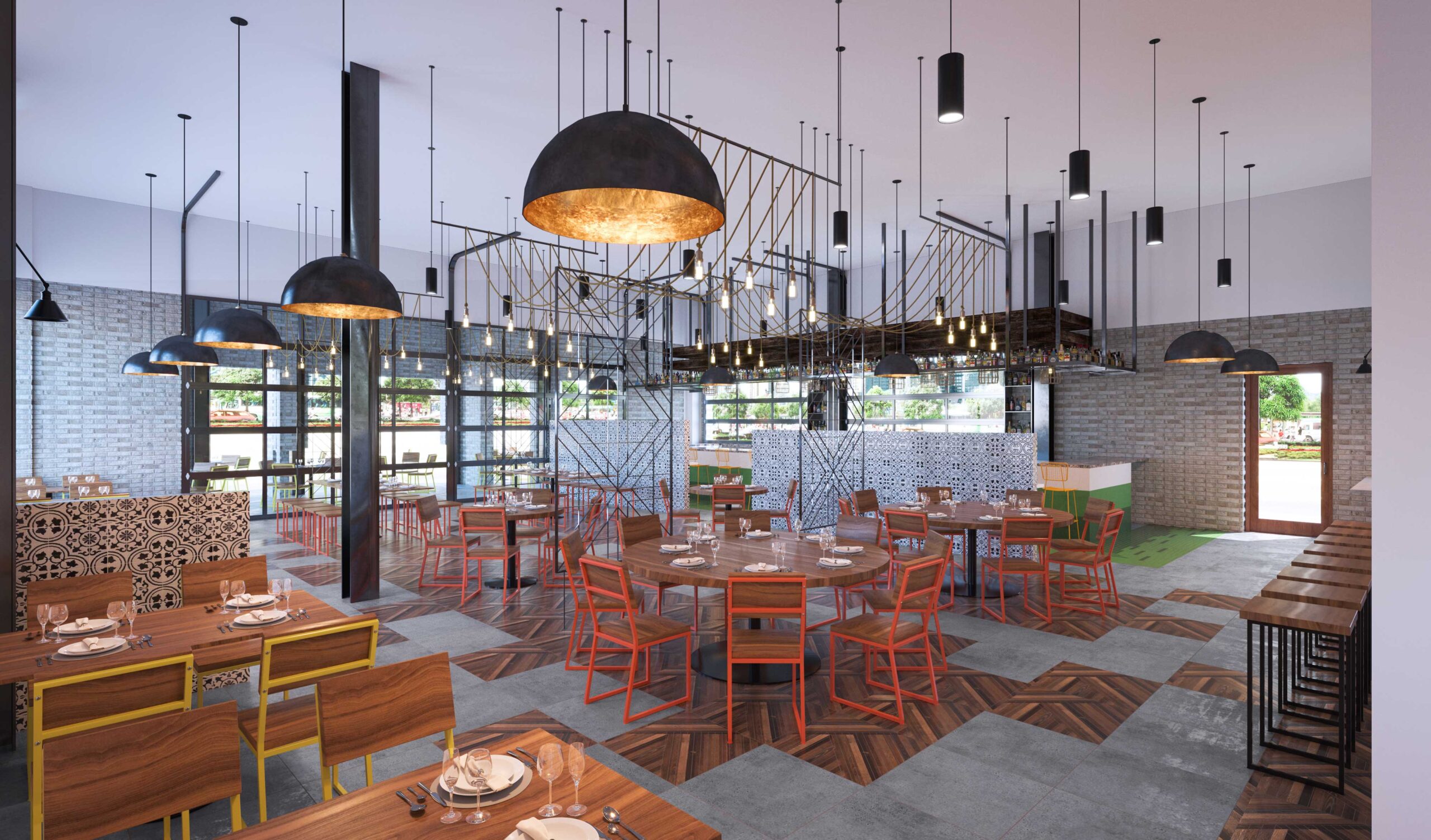 Kavas Restaurant interior with tables and chairs and hanging Edison bulb lighting